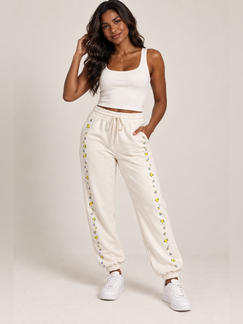 PINK Victoria's Secret Cream Joggers with Yellow Floral Trim
